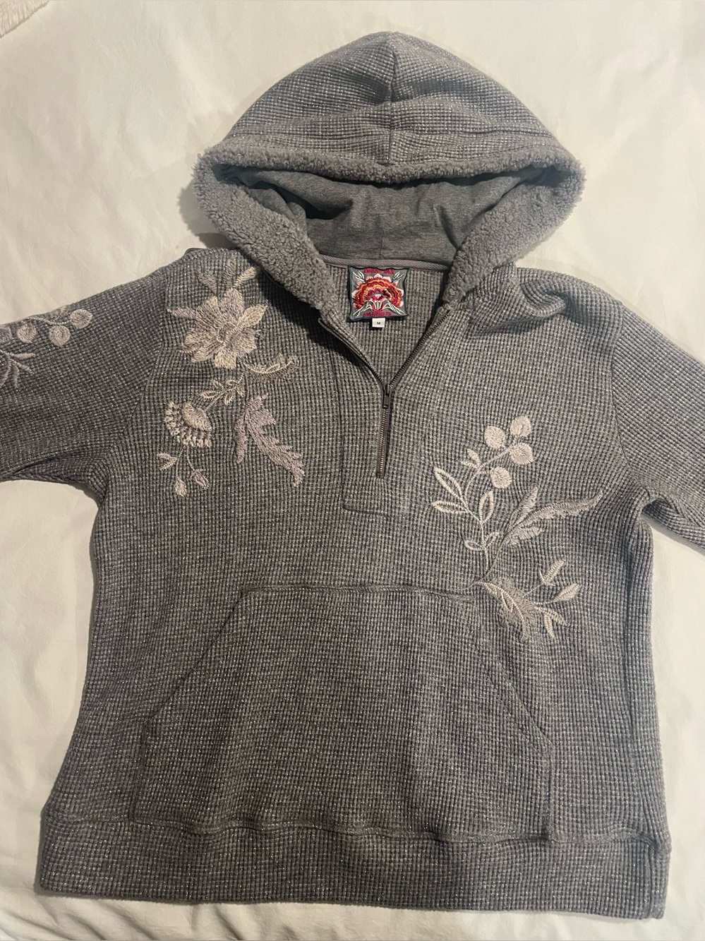 Johnny was Gray Hooded Half-Zip Sweater with Floral Embroidery